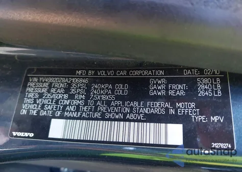 2010 Volvo Xc60 T6/T6 R-Design from USA, damaged, VIN YV4992DZ8A2106846